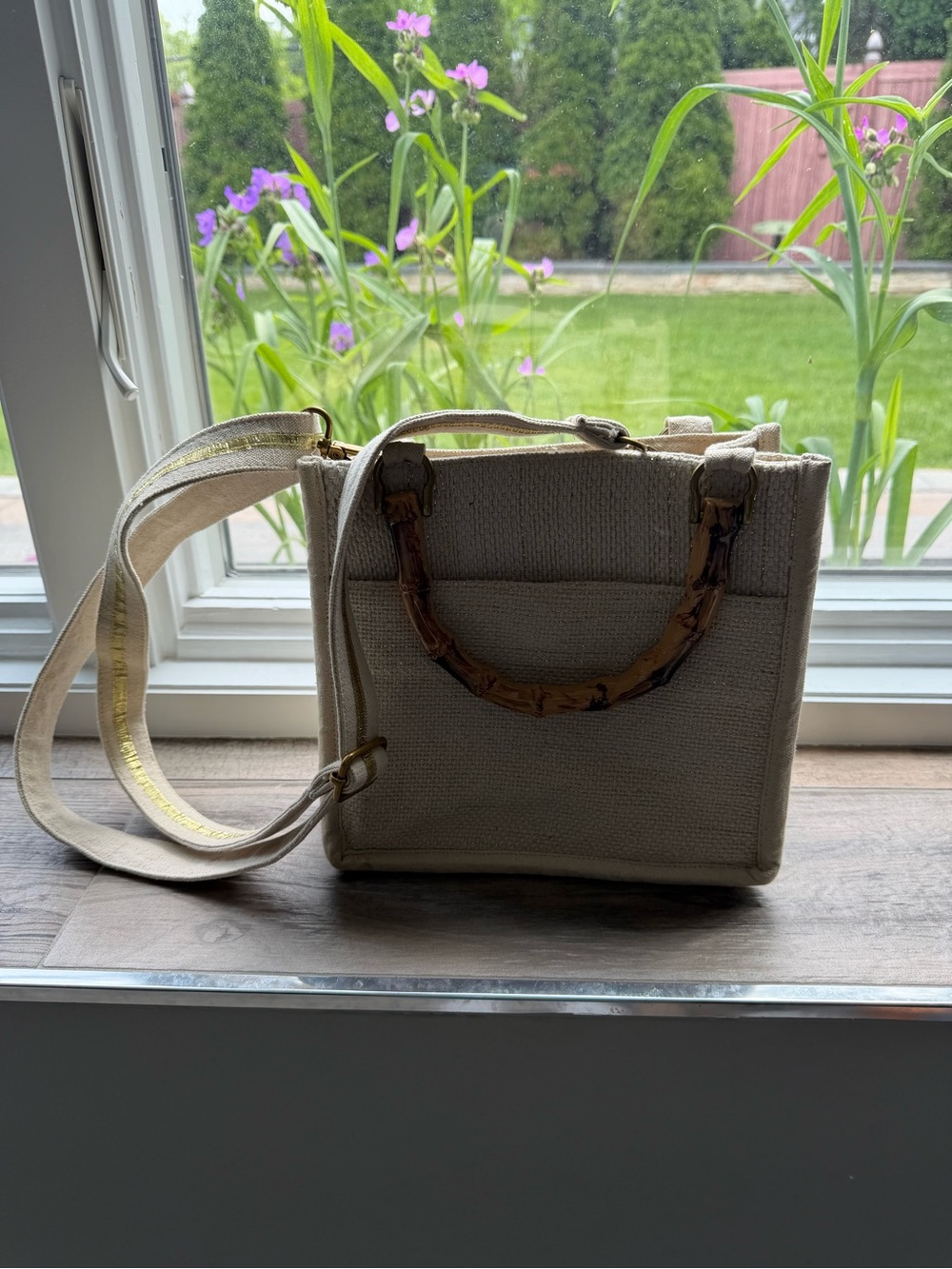 Beaded Cream Crossbody Shoulder Bag with Bamboo-Style Handles - Picture 3 of 3